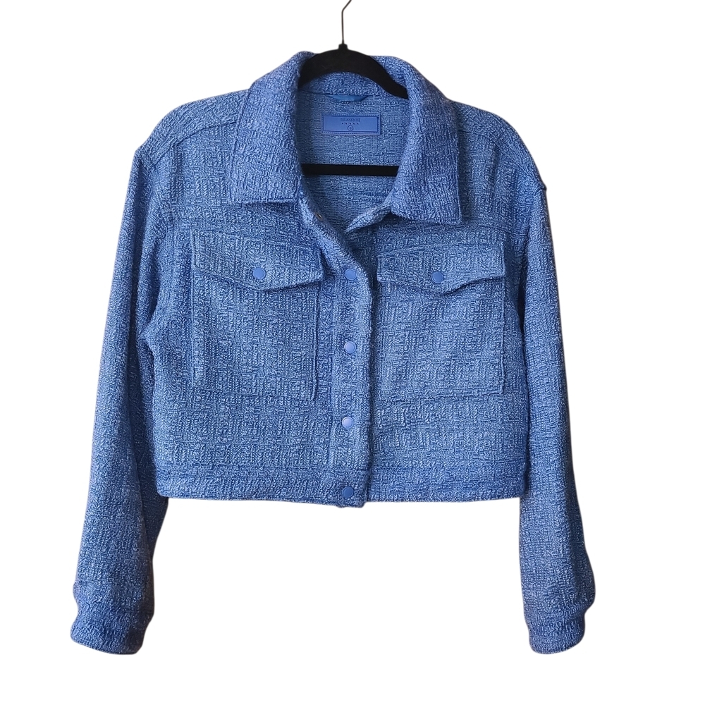 Blank NYC Blue Cropped Boucle Tweed Look Textured Jacket
